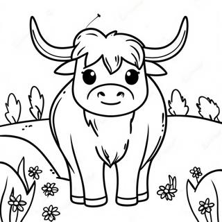 Cute Highland Cow In A Meadow Coloring Page 17420-14041