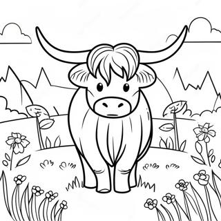 Cute Highland Cow In A Meadow Coloring Page 17420-14044