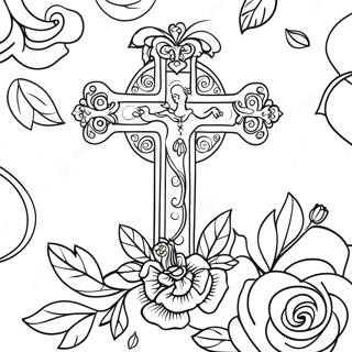 Elegant Cross With Roses Coloring Page 34624-27713