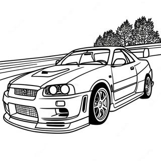 Nissan Skyline R34 Racing On The Track Coloring Page 36534-29235