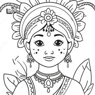 Cute Indian Girl With Flowers Coloring Page 37284-29834