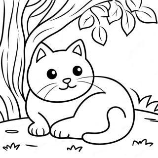 Sleepy Cat Under A Tree Coloring Page 4037-3261