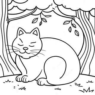 Sleepy Cat Under A Tree Coloring Page 4037-3344