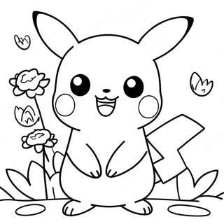 Happy Girl Pikachu With Flowers Coloring Page 51764-41324