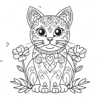 Colorful Sugar Skull Cat With Flowers Coloring Page 56374-44982