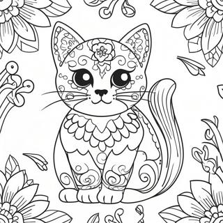 Colorful Sugar Skull Cat With Flowers Coloring Page 56374-44983