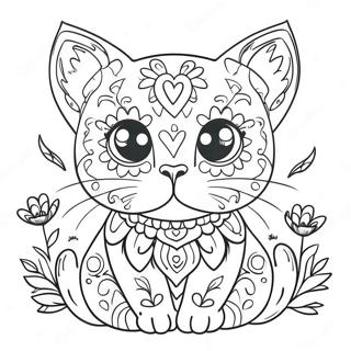 Colorful Sugar Skull Cat With Flowers Coloring Page 56374-44984