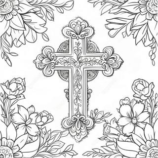 Ornate Cross Surrounded By Blossoms Coloring Page 60074-48197