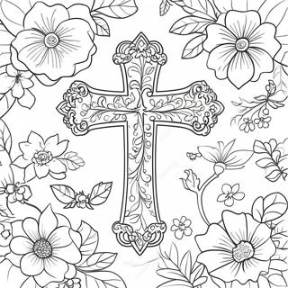 Ornate Cross Surrounded By Blossoms Coloring Page 60074-48198