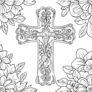 Ornate Cross Surrounded By Blossoms Coloring Page 60074-48200