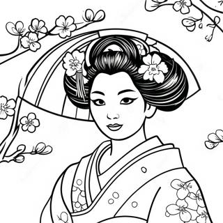 Elegant Geisha With Cherry Blossoms Coloring Page 60364-48429