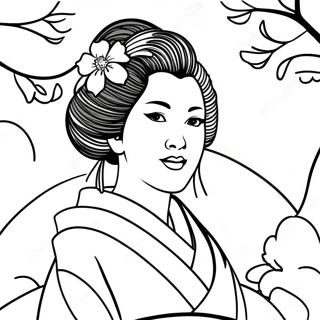 Elegant Geisha With Cherry Blossoms Coloring Page 60364-48430