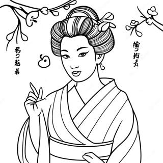 Elegant Geisha With Cherry Blossoms Coloring Page 60364-48431