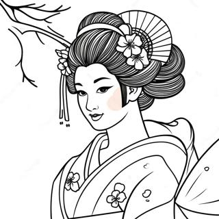 Elegant Geisha With Cherry Blossoms Coloring Page 60364-48432