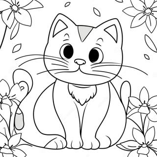 Playful Cat Surrounded By Blossoming Flowers Coloring Page 61104-49009