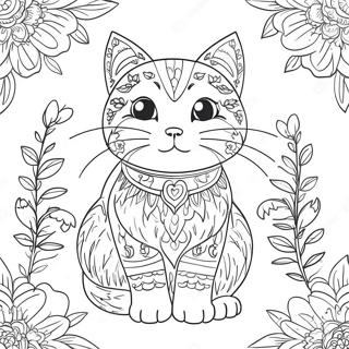 Playful Cat Surrounded By Blossoming Flowers Coloring Page 61104-49011