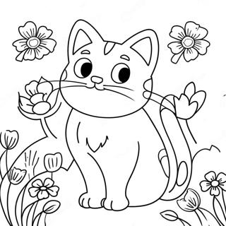 Playful Cat Surrounded By Blossoming Flowers Coloring Page 61104-49012