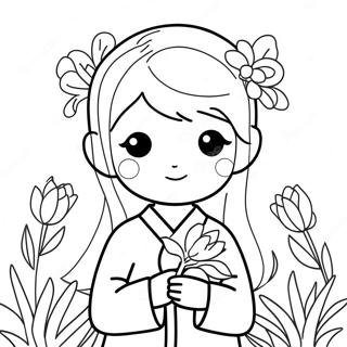 Cute Korean Girl With Flowers Coloring Page 67264-53926