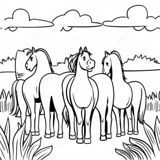 Horse Herd Grazing In A Sunny Meadow Coloring Page 69733-55892